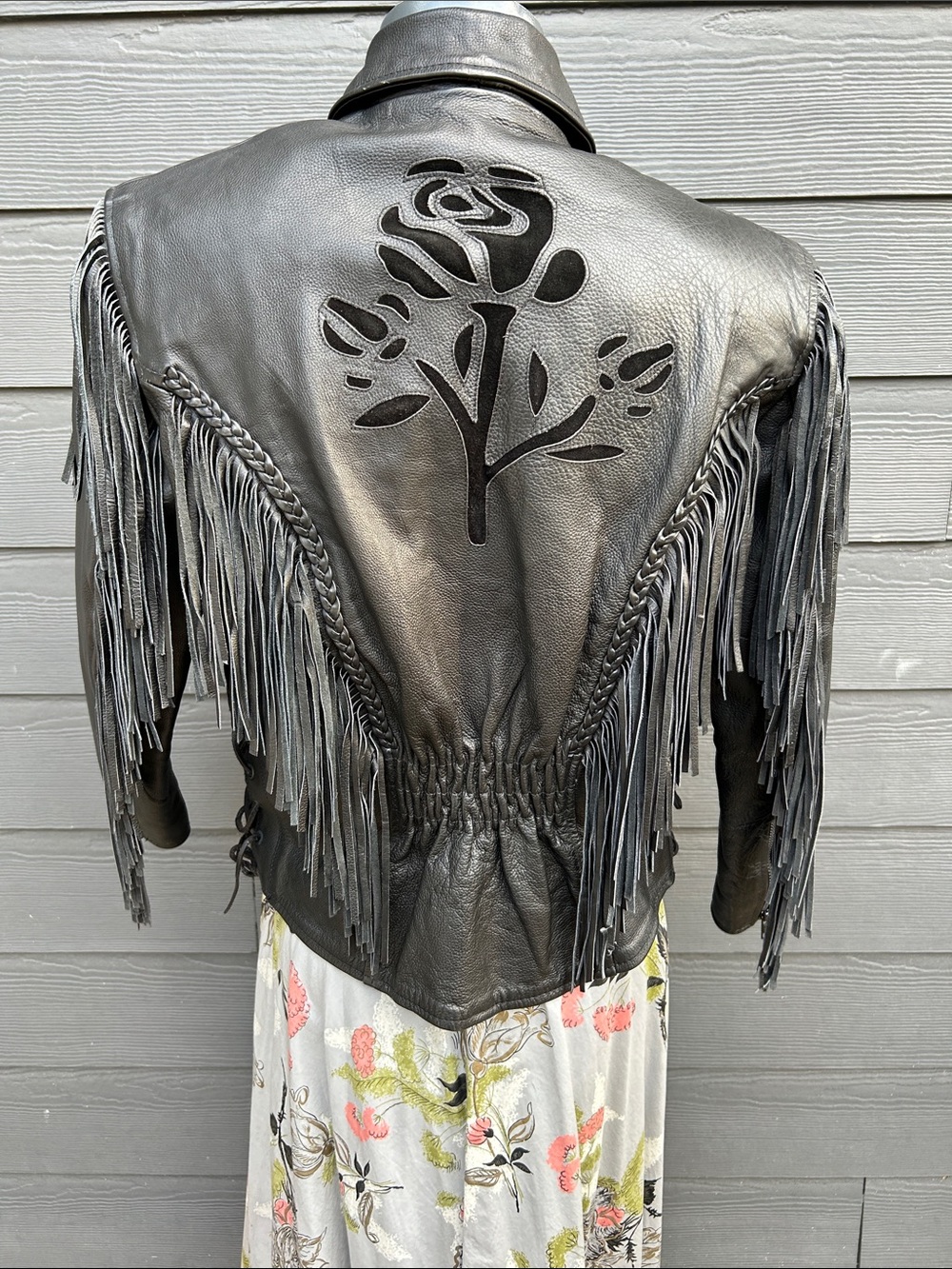 Black Leather Fringe Jacket with Cutout Floral Detail - Picture 3 of 16